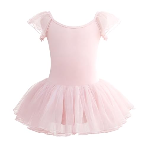 Mecceos Toddler Ballet Leotard for Girls - 4-5T Pink Flutter Wing Sleeve Tutu Skirted Dance Dress
