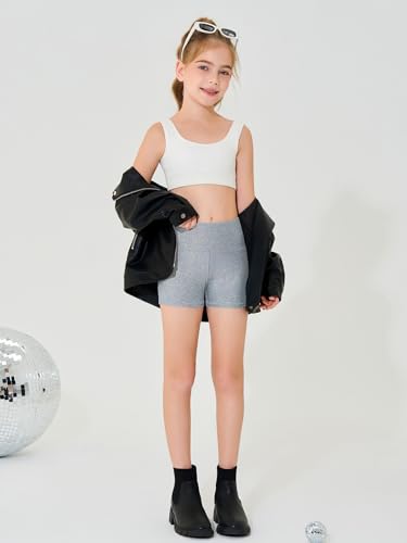 High Waist Glitter Athletic Shorts for Girls - Light Gray, 11-12 Years