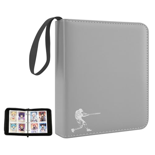 Baseball Card Binder - 900 Capacity PU Leather Zipper Holder - Grey, Medium