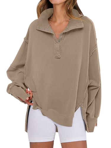 Oversized Henley Sweatshirt for Women - Khaki, Medium