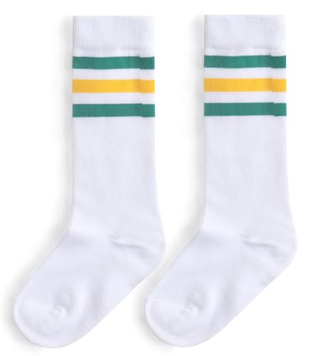 Boys Girls Over the Calf Striped Tube Socks - Green/Yellow/White, Age 4-6