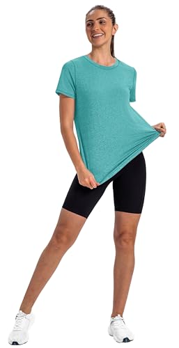 Aqua Short Sleeve Workout Top for Women - Athletic Yoga Shirt - Medium