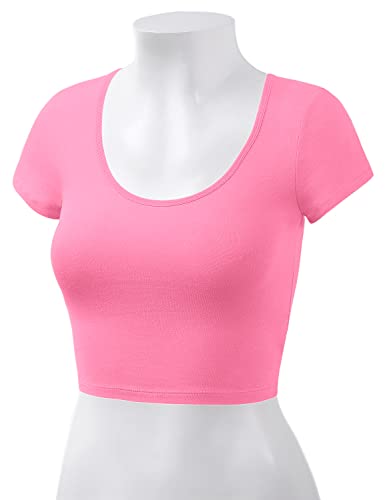 Cotton Crop Top - Short Sleeve Scoop Neck - Small / Candy Pink