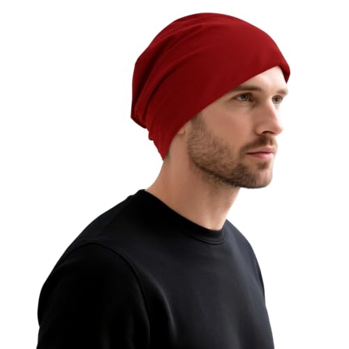 Slouchy Beanie for Men - Soft Cotton Stretch Skull Cap - Pure Red