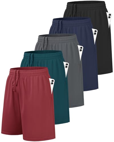 Boys Basketball Athletic Shorts - 5 Pack Quick Dry, Large - Black, Dark Grey, Navy, Dark Green, Dark Red