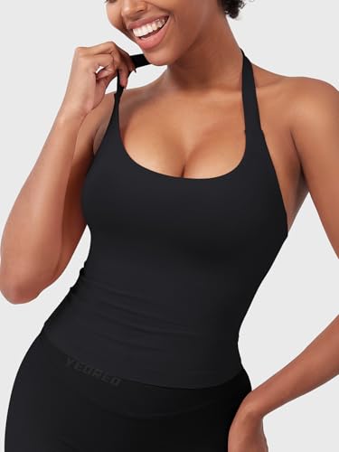 Women's Longline Backless Halter Tank Top with Built-in Bra - Medium Black