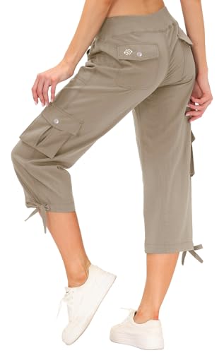 Womens Capris with Pockets - Loose Fit Casual Cargo Pants - Khaki, X-Large