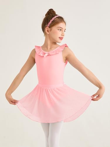 Girls Ballet Leotard with Ruffle Trim & Crisscross Back - Pink, 5-6 Years