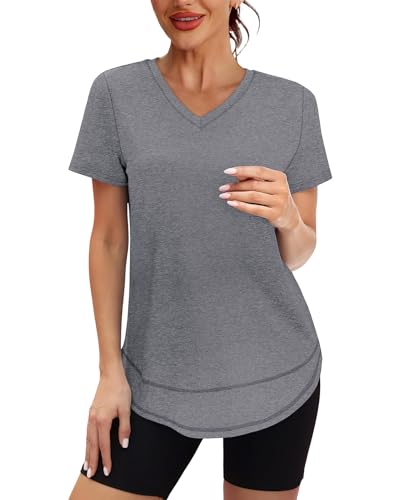 Womens Short Sleeve Workout Top - Sun Protection UPF 50+ - Grey, X-Large