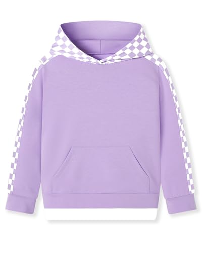 Girls Checkered Hoodie for Ages 4-12, Long Sleeve Pullover, Purple, 7-8 Years