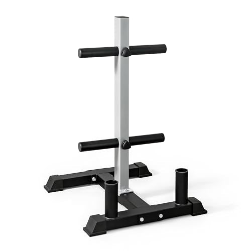 Heavy-Duty Olympic Bumper Plate Storage Rack with Barbell Holders - 4-Plate Posts / 2 Bar Holders / Gray