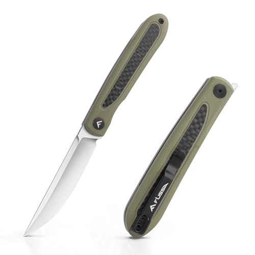 FLISSA Green Pocket Folding Knife with Quick Open Front Flipper, D2 Steel & Carbon G10 Handle