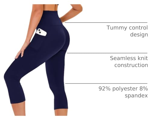 High Waisted Capri Leggings for Women - Tummy Control, A-Navy Blue