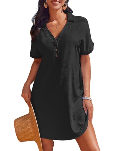 Beach Cover Up Dress Shirt for Women - Short Sleeve, Black, Large