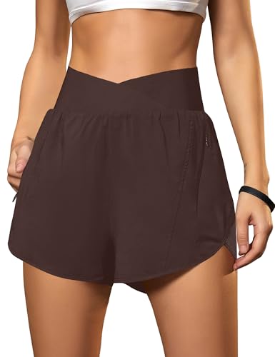 Blooming Jelly Women’s High-Waisted Crossover Running Shorts with Pockets (Large, Brown)