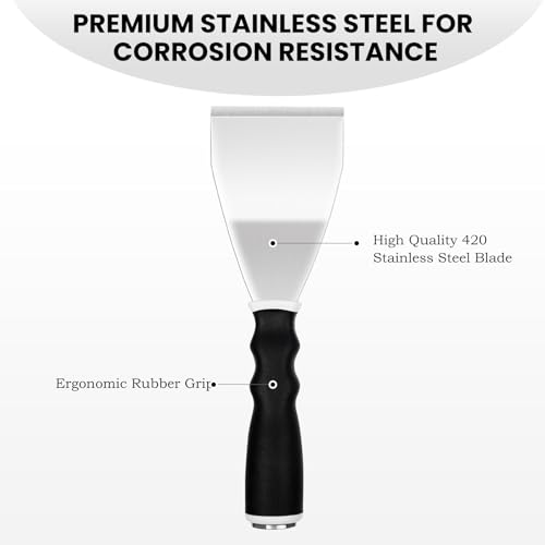 Mister Rui Bent Heavy Duty Scraper, 3" Bent Scraper with Pole Socket Hammer End, Stainless Steel Bent Blade with Anti Slip Rubber Handle, Heavy Duty Paint Remover Scraper Tool