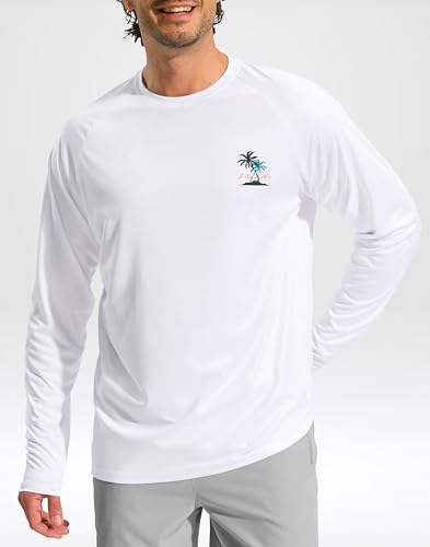 Pudolla Men's UPF Sun Protection Long Sleeve Rash Guard Shirt - White, Coconut Tree, Large