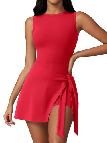 ATTRACO Women's Sleeveless Tennis Dress - Red Small Side Slit Workout Romper