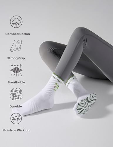 Grip Socks for Women - Cute Embroidery Pattern - Matcha / Medium