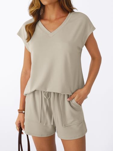 Automet 2-Piece Summer Short Set - Khaki Medium V-Neck Cap Sleeve Lounge Wear