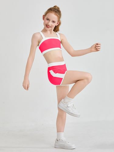 Girls 2 Piece Workout Outfit - Color Block Bra & High Waist Shorts, Rose Red, 7-8 Years