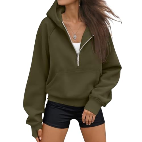 Cropped Half Zip Hoodie for Women - Long Sleeve Casual Sweatshirt with Pockets