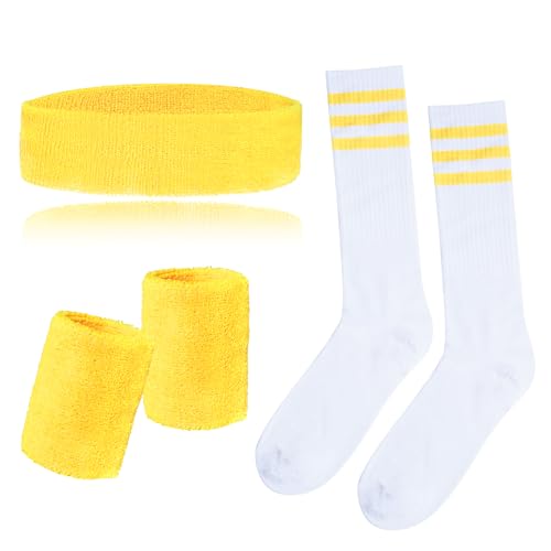 5-Piece 80s Striped Sweatbands and Socks Set - Yellow & White