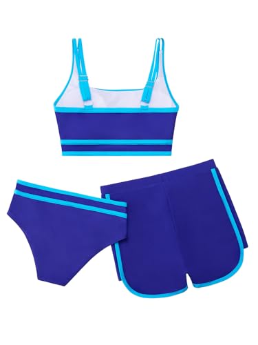 3-Piece Girls' High Waist Bikini Set with Shorts - Navy, 10 Years