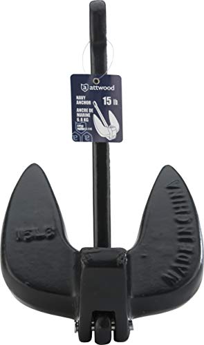 Attwood Navy Anchor 15 lb Solid Cast Iron with Black Coating, 10 lb weight option