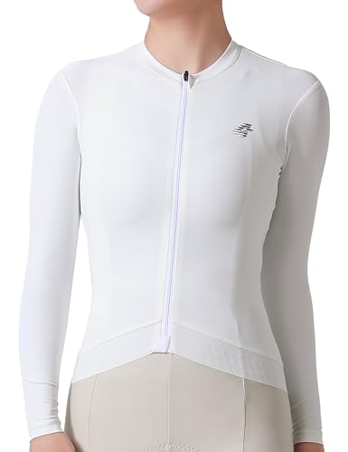 LAMEDA Women's Long Sleeve Cycling Jersey with Pockets - White, Medium