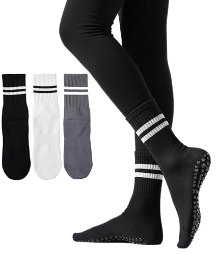 Non-Slip Grippy Pilates Socks for Women - 3 Pack Black, White, Gray