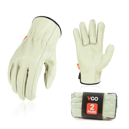 Vgo... 2-Pairs Ulined Safety Pigskin Leather Work Gloves Men, Rigger Gloves, Builder Gloves (Size L, Light Cyan, PA9501)