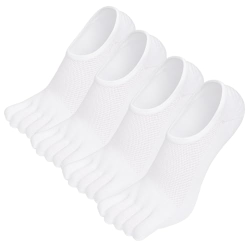 Hellomamma No Show Toe Socks for Men 5-Finger Cotton Low Cut Running Socks 4 Pairs Size 9-15 White