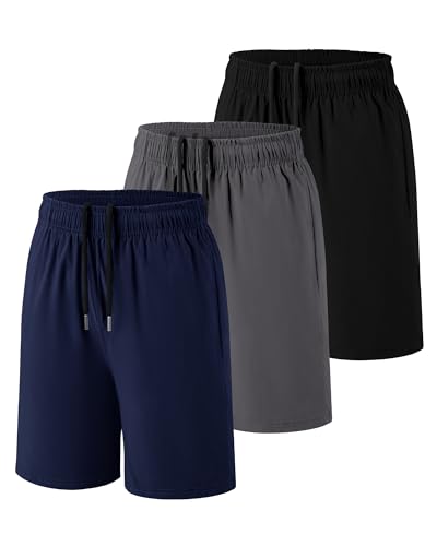 Somaibo Boys Athletic Shorts 13-14 Years 3-Pack Black Navy Gray Quick Dry Pockets