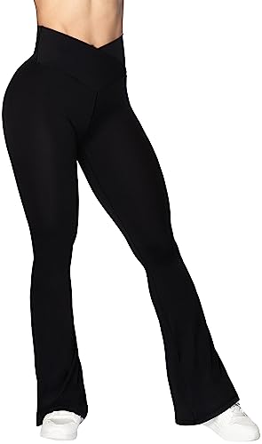 Sunzel Flare Leggings for Women, Crossover Yoga Pants with Tummy Control, 34in Inseam, Medium, Black