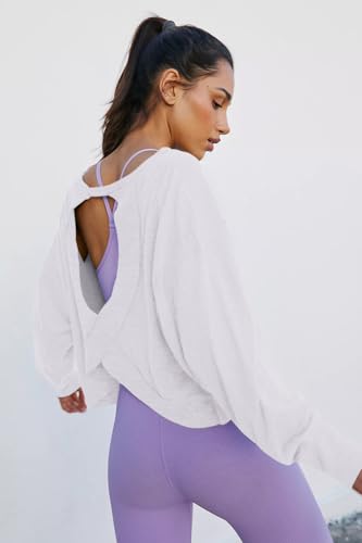 LASLULU Women's White Small Open Back Long Sleeve Athletic Crop Top for Workout