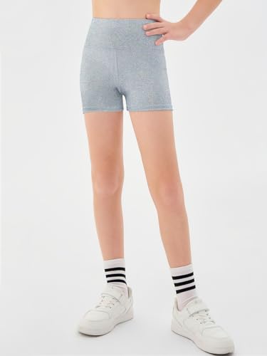 High Waist Glitter Athletic Shorts for Girls - Light Gray, 11-12 Years
