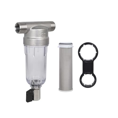 Amwater 304 Stainless Steel 40 Micron Spin Down Water Filter, Whole House Spin Down Sediment Water Filter, Reusable Flushable Pre-Filtration System, 3/4" MNPT + 1/2" FNPT