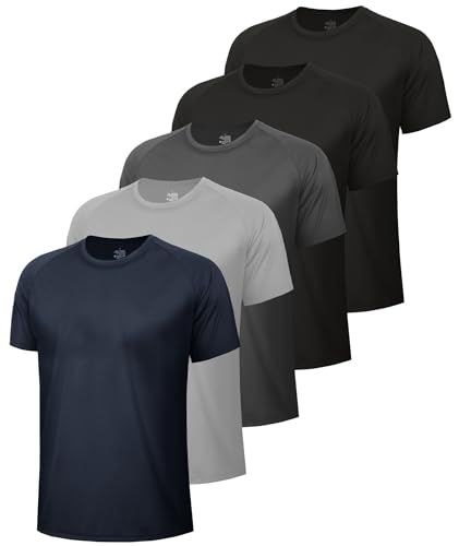 BOOJO Men's Workout T-Shirts 5-Pack with Moisture-Wicking Quick Dry Fabric - Medium, Black & Grey Variants