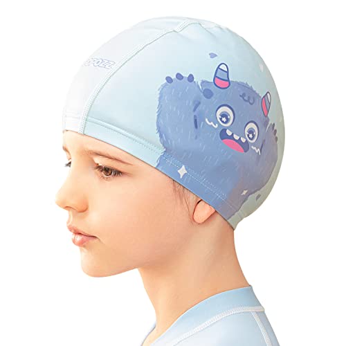 Kids Swim Cap - Quick Dry Spandex Hat for Long & Short Hair - Blue Monster