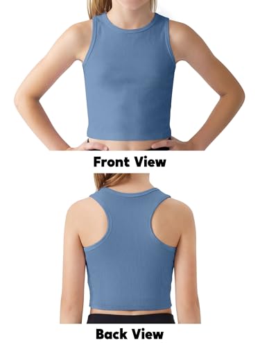 Kids Athletic Ribbed Knit Tank Top - Sleeveless Crop Blue 9-10Y