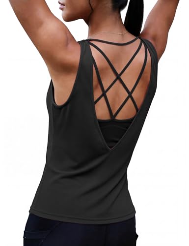Sykooria Women's Black Open Back Workout Tank Top Medium for Yoga & Running