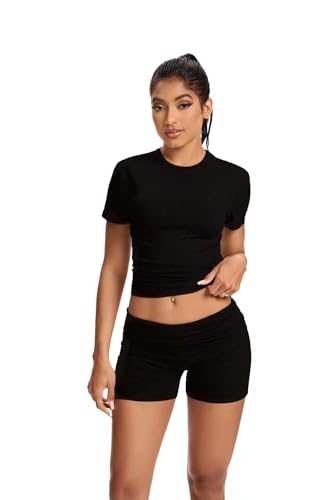 Women’s Workout 2-Piece Set X-Large Black Gym Wear Slim Short Sleeve Top & Foldover Shorts