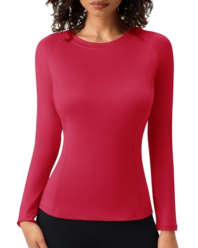 Women's Long Sleeve Compression Shirt - Moisture Wicking Workout Top - Red - Medium