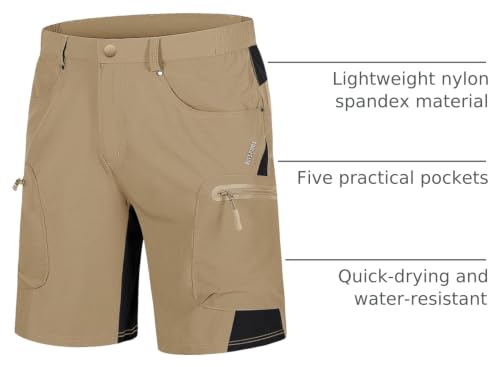 TACVASEN 10" Khaki Men's Hiking Cargo Shorts with Zipper Pockets - Quick Dry, 32