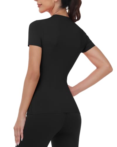Runhit Women’s Short Sleeve Compression Gym Shirt, Black, Small, Moisture-Wicking UPF50+