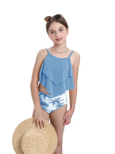 Girls Tankini Swimsuit Set - Ruffle Two Piece Swimwear, Lake Blue, 15 Years