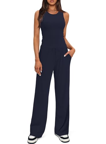 Darong Women's 2 Piece Summer Sleeveless Lounge Outfits Dark Blue, Inseam 30-31", Medium
