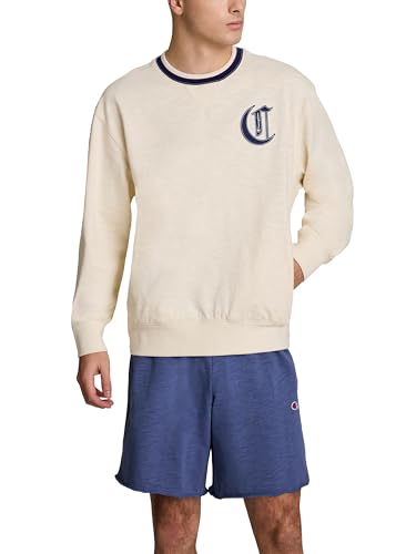 Champion Men’s Modern Retro Washed Cotton Crewneck Sweatshirt – Medium, Unbleached