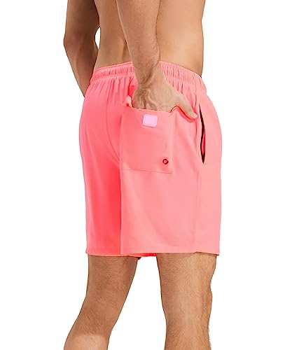 Pink Medium Men's Swim Trunks with Compression Liner & Zipper Pockets - Quick Dry Beach Shorts
